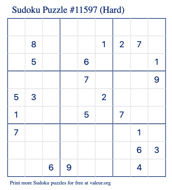 Free Printable Hard Sudoku Puzzle number 11597