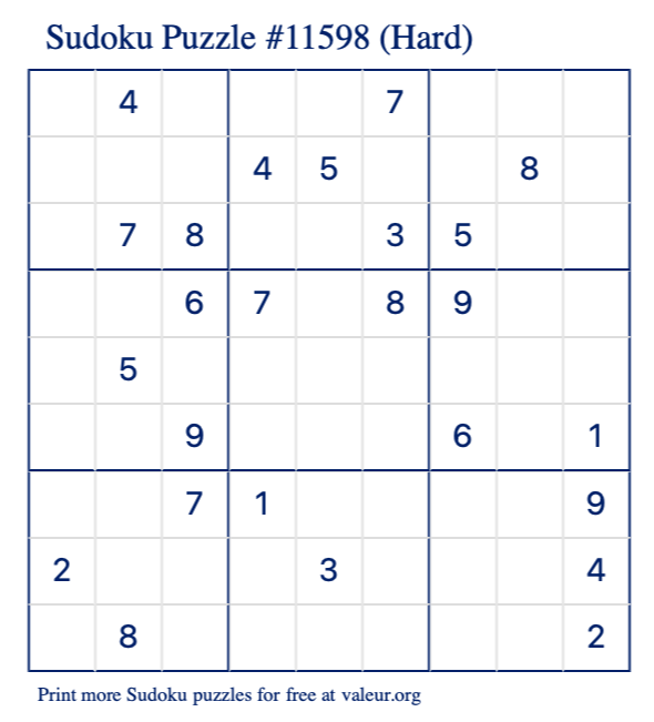 Free Printable Hard Sudoku Puzzle number 11598