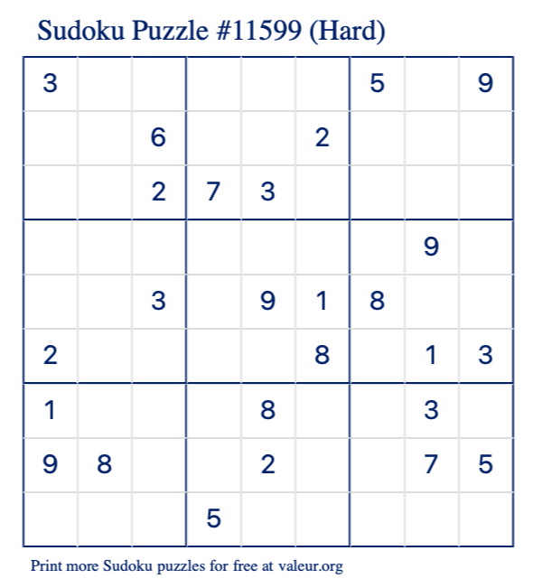 Free Printable Hard Sudoku Puzzle number 11599