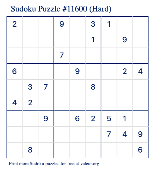 Free Printable Hard Sudoku Puzzle number 11600