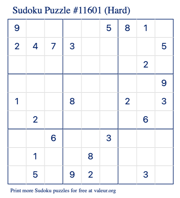 Free Printable Hard Sudoku Puzzle number 11601