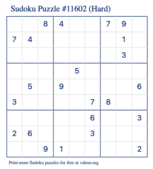 Free Printable Hard Sudoku Puzzle number 11602