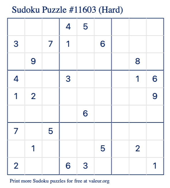Free Printable Hard Sudoku Puzzle number 11603
