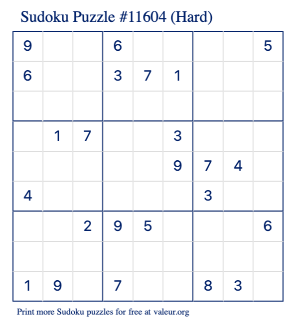 Free Printable Hard Sudoku Puzzle number 11604