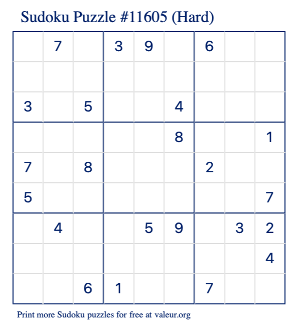 Free Printable Hard Sudoku Puzzle number 11605