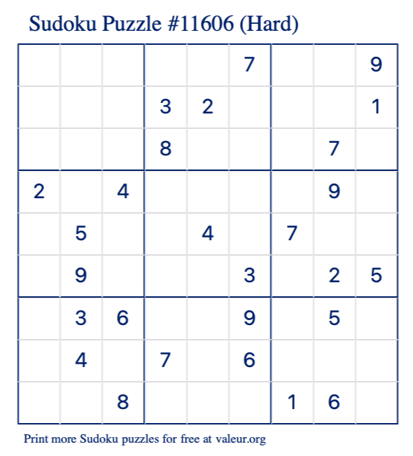 Free Printable Hard Sudoku Puzzle number 11606