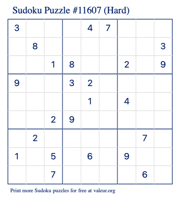 Free Printable Hard Sudoku Puzzle number 11607