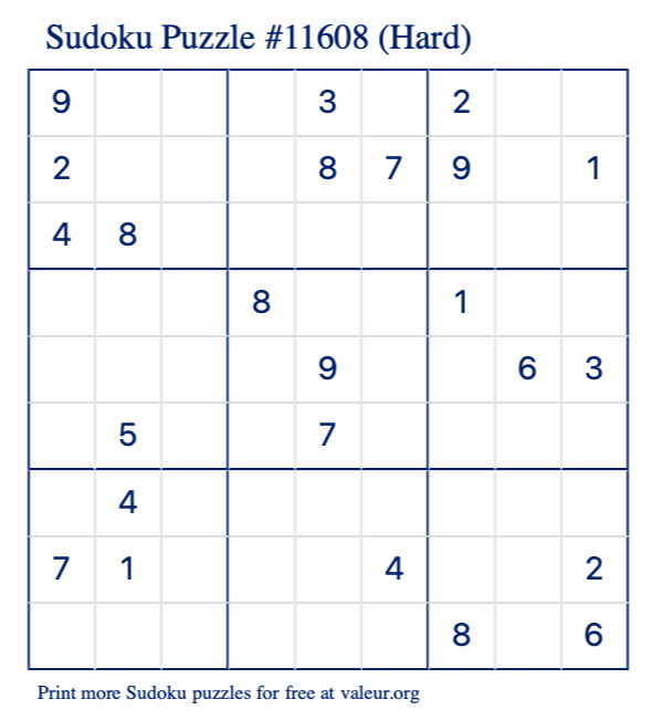 Free Printable Hard Sudoku Puzzle number 11608