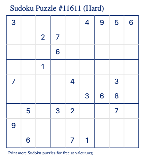 Free Printable Hard Sudoku Puzzle number 11611