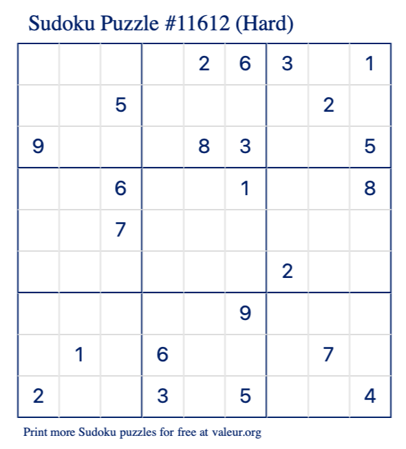 Free Printable Hard Sudoku Puzzle number 11612