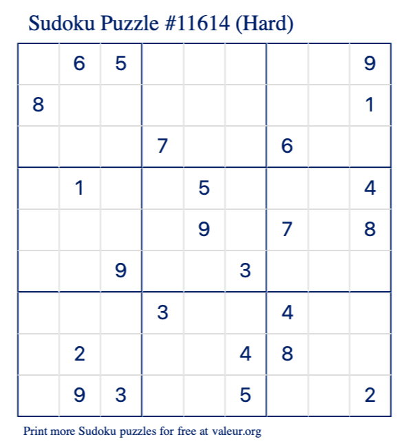 Free Printable Hard Sudoku Puzzle number 11614