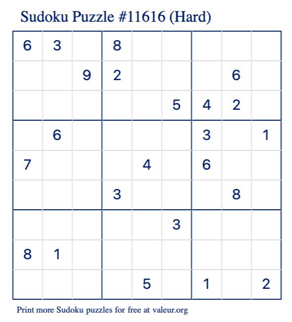 Free Printable Hard Sudoku Puzzle number 11616