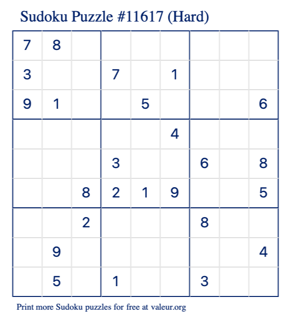 Free Printable Hard Sudoku Puzzle number 11617