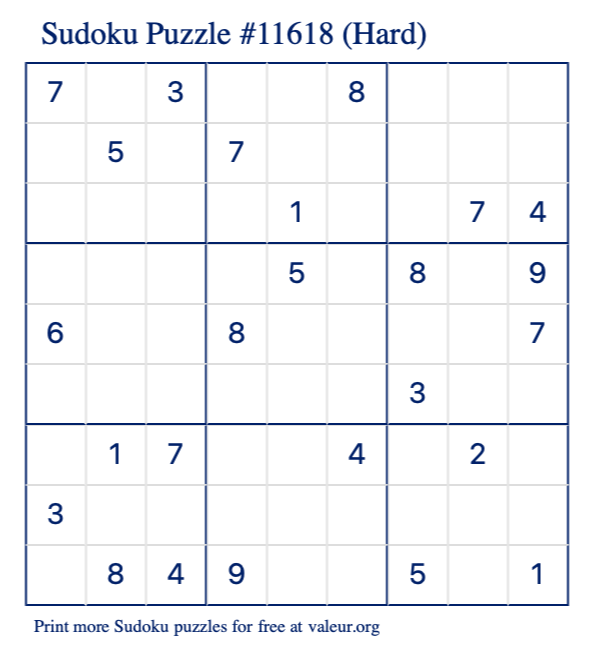 Free Printable Hard Sudoku Puzzle number 11618