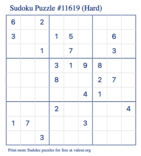 Free Printable Hard Sudoku Puzzle number 11619