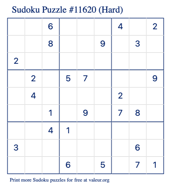 Free Printable Hard Sudoku Puzzle number 11620