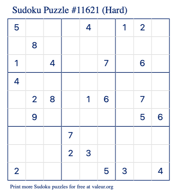 Free Printable Hard Sudoku Puzzle number 11621