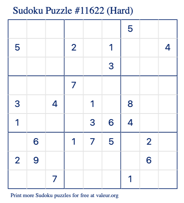 Free Printable Hard Sudoku Puzzle number 11622