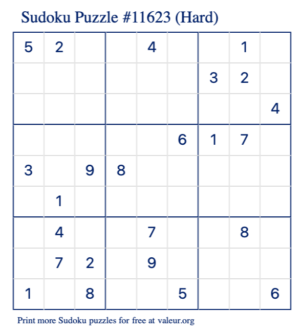 Free Printable Hard Sudoku Puzzle number 11623