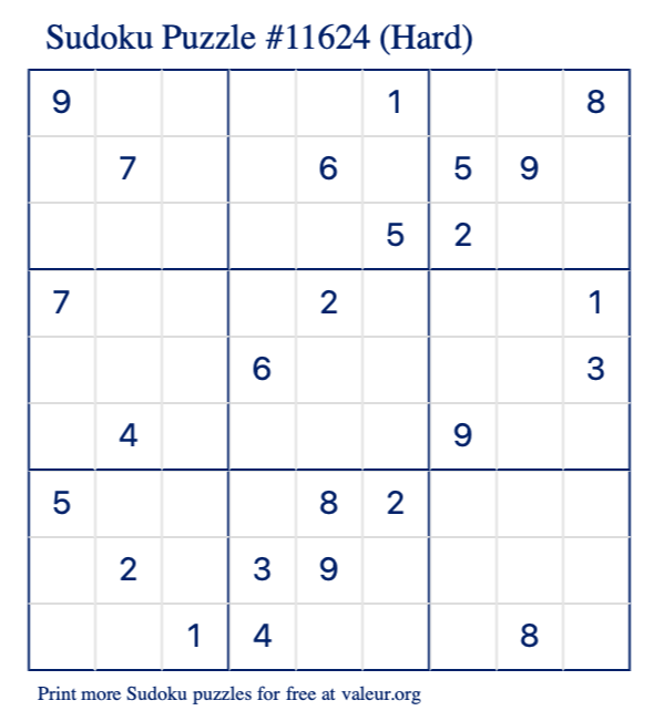 Free Printable Hard Sudoku Puzzle number 11624