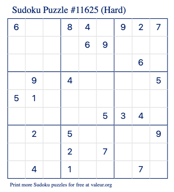 Free Printable Hard Sudoku Puzzle number 11625