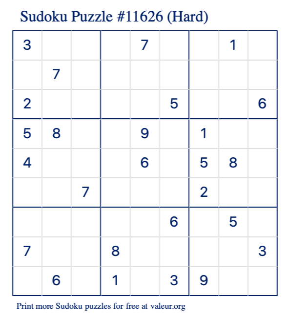 Free Printable Hard Sudoku Puzzle number 11626