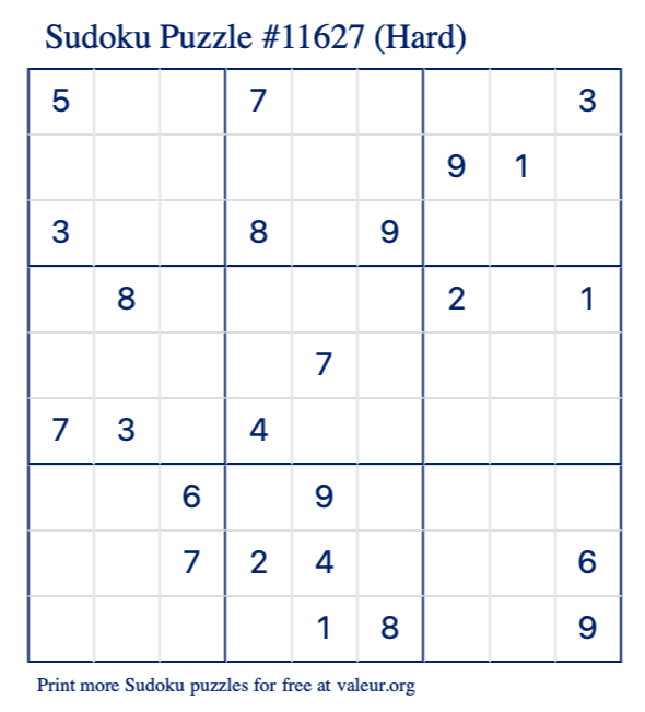Free Printable Hard Sudoku Puzzle number 11627