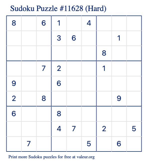 Free Printable Hard Sudoku Puzzle number 11628