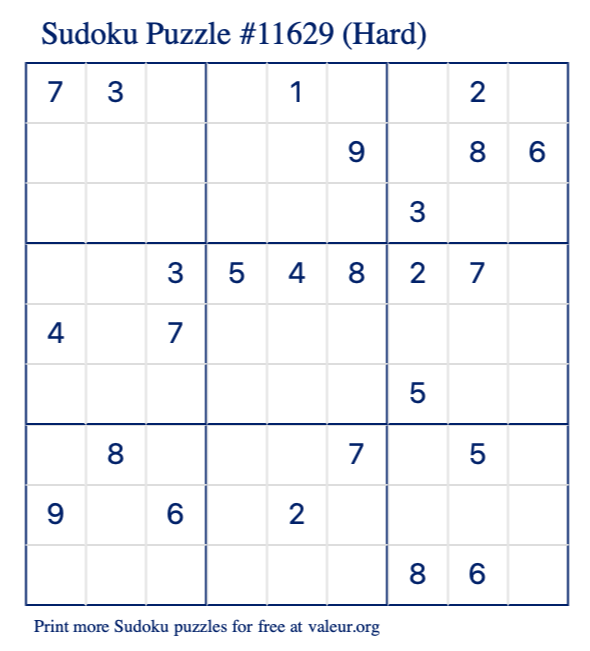 Free Printable Hard Sudoku Puzzle number 11629