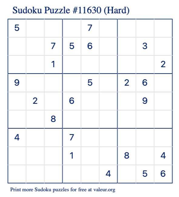 Free Printable Hard Sudoku Puzzle number 11630