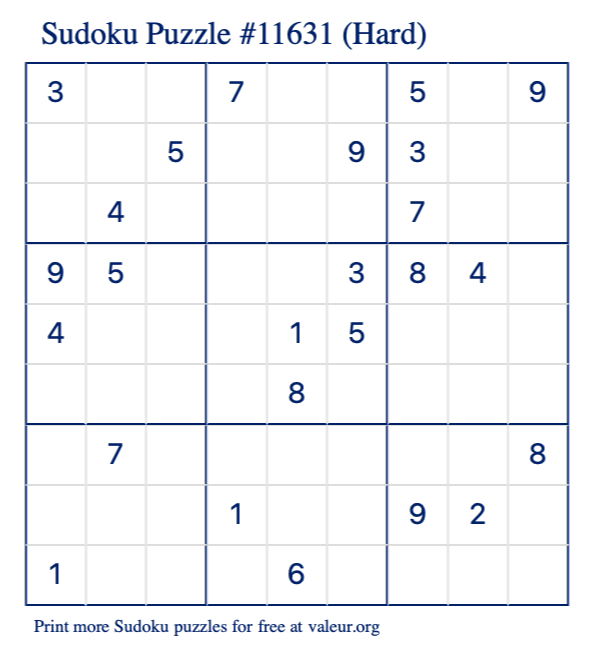 Free Printable Hard Sudoku Puzzle number 11631