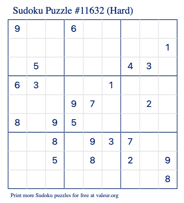 Free Printable Hard Sudoku Puzzle number 11632