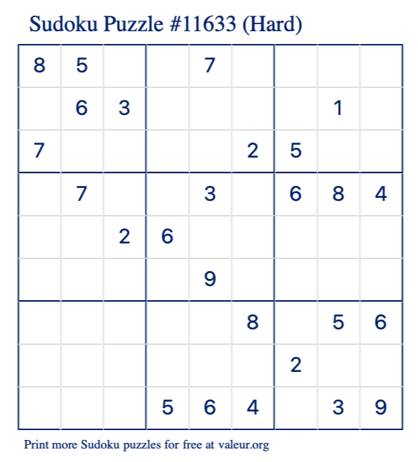 Free Printable Hard Sudoku Puzzle number 11633