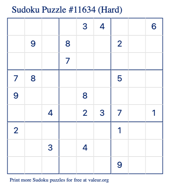 Free Printable Hard Sudoku Puzzle number 11634