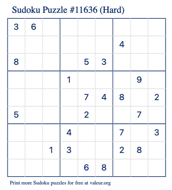 Free Printable Hard Sudoku Puzzle number 11636