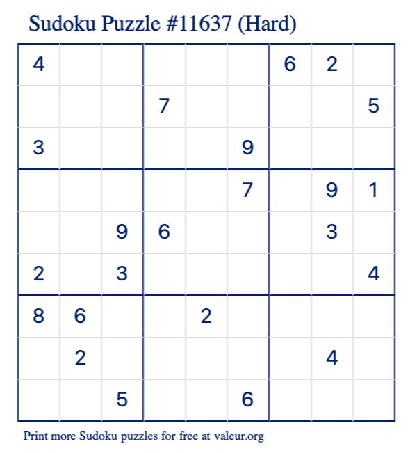 Free Printable Hard Sudoku Puzzle number 11637