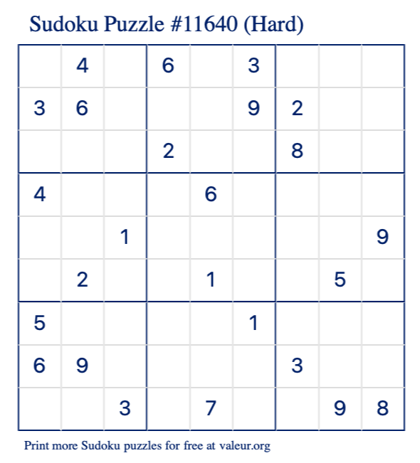 Free Printable Hard Sudoku Puzzle number 11640