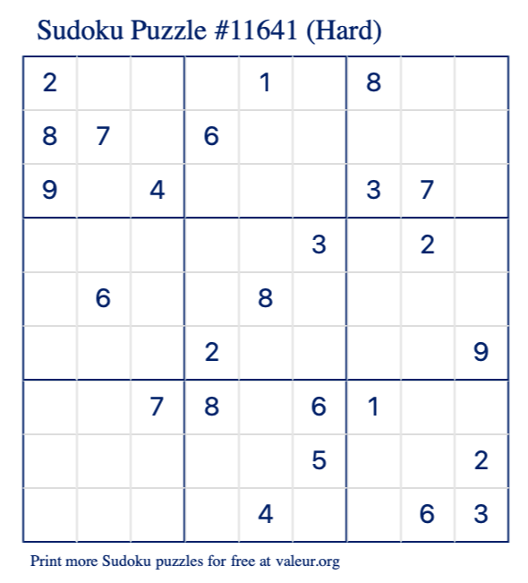Free Printable Hard Sudoku Puzzle number 11641