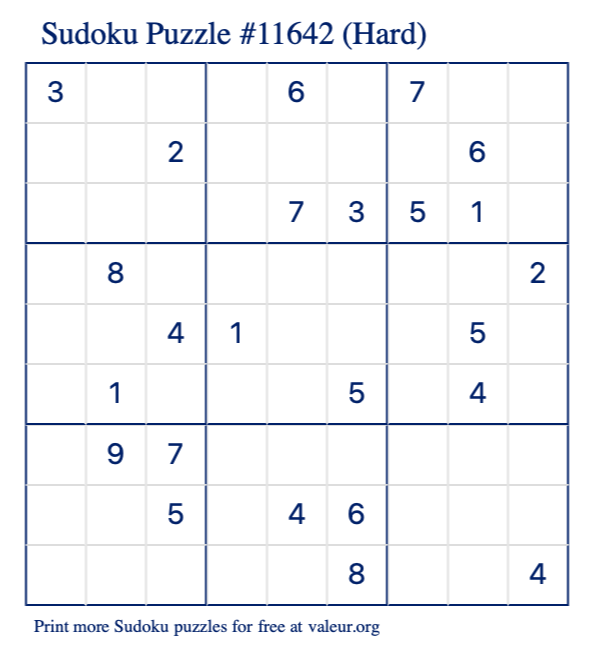 Free Printable Hard Sudoku Puzzle number 11642