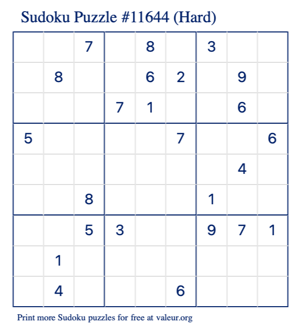 Free Printable Hard Sudoku Puzzle number 11644