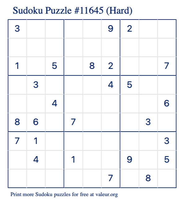 Free Printable Hard Sudoku Puzzle number 11645