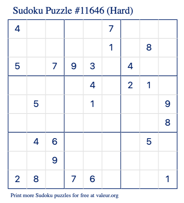Free Printable Hard Sudoku Puzzle number 11646