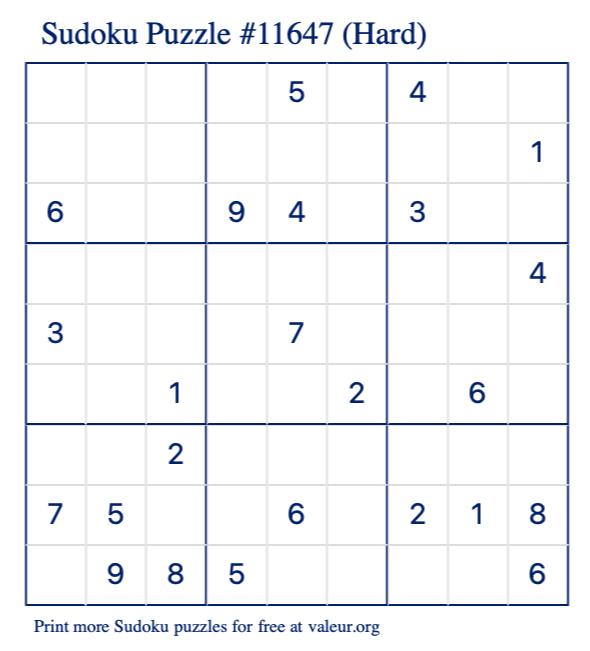 Free Printable Hard Sudoku Puzzle number 11647