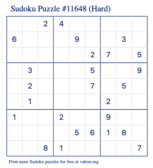 Free Printable Hard Sudoku Puzzle number 11648