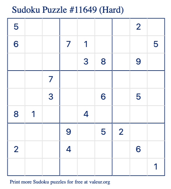 Free Printable Hard Sudoku Puzzle number 11649