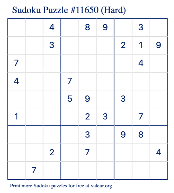 Free Printable Hard Sudoku Puzzle number 11650