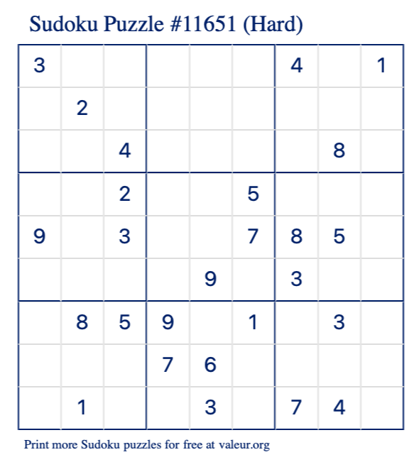 Free Printable Hard Sudoku Puzzle number 11651