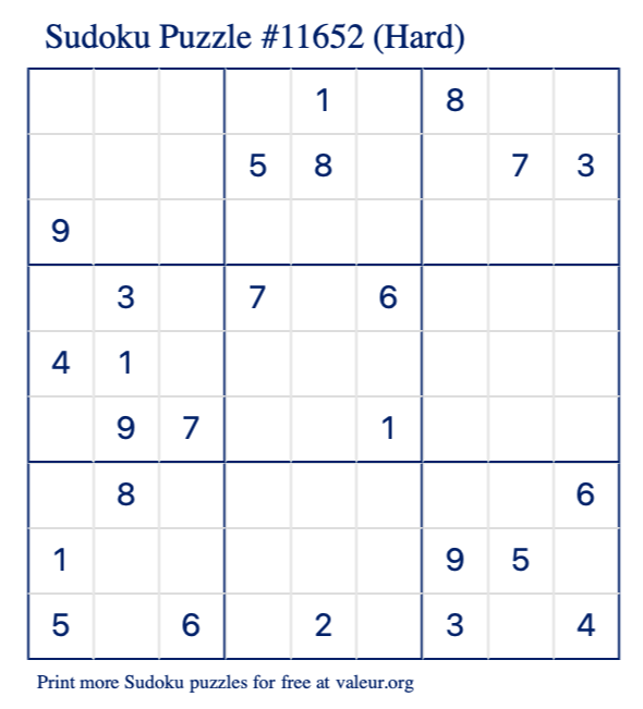 Free Printable Hard Sudoku Puzzle number 11652
