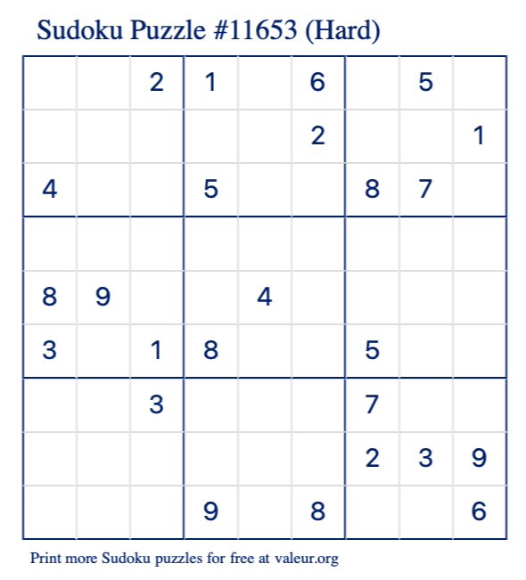 Free Printable Hard Sudoku Puzzle number 11653