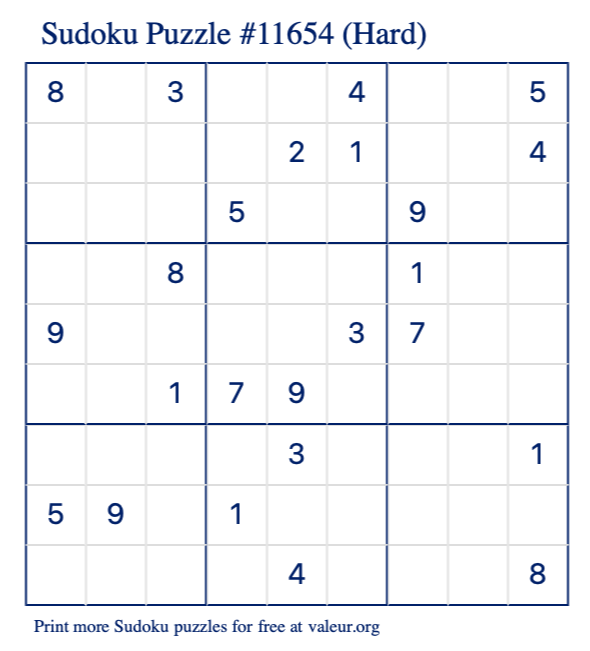 Free Printable Hard Sudoku Puzzle number 11654